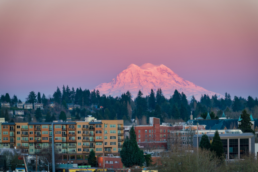 Olympia-WA.png Olympia, WA with snow capped mountain and purple pink sky