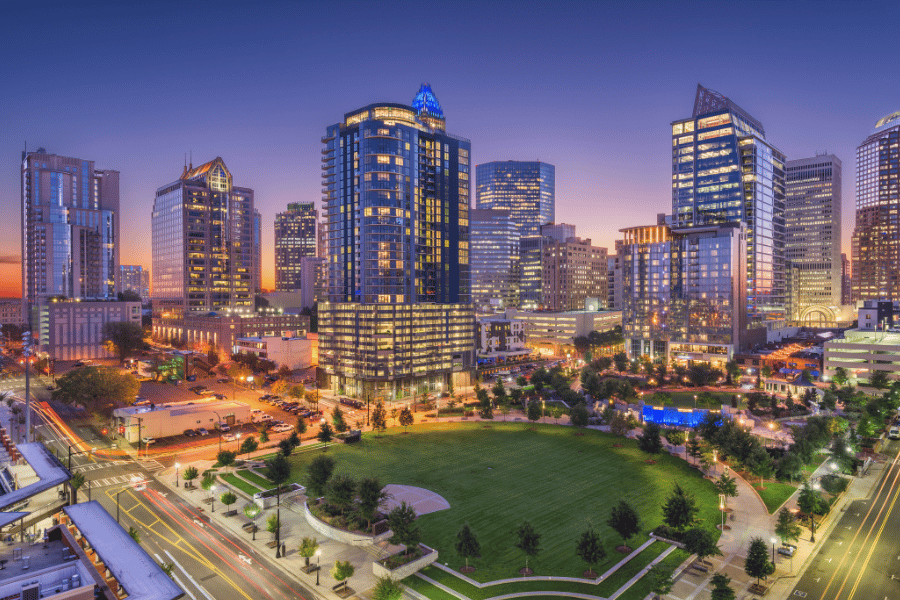 Charlotte birds eye view of downtown with greenery area