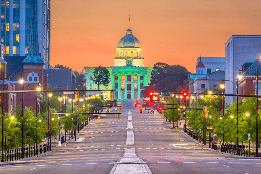 Montgomery-Alabama.png Montgomery, Alabama during the sunset with orange sky and street lights