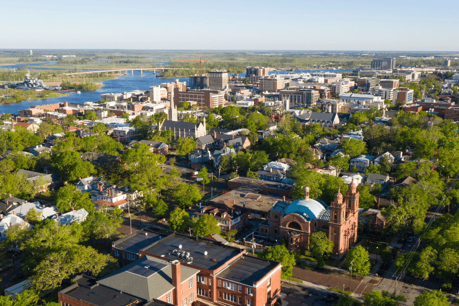 College Town view with river in the back